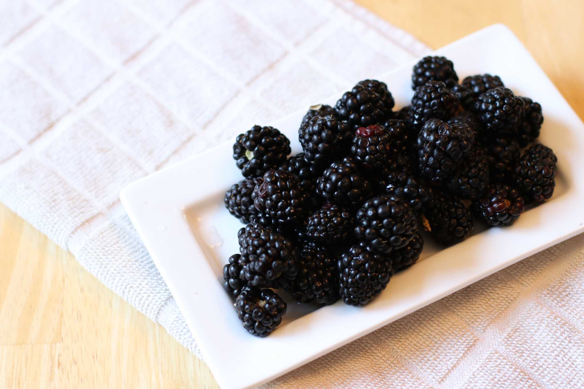 Blackberries on a white plate on top of a white towel on a table.